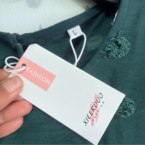 Boho Swiss Dot Pom Pom Long Sleeve Blouse Dark Teal Green Size Large - Picture 4 of 8